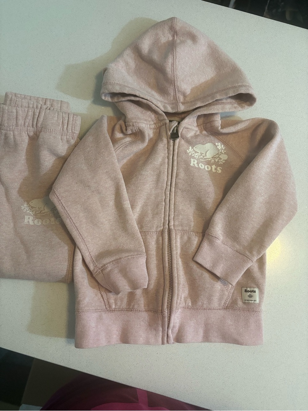 Roots light pink glitter hoodie and sweatpants